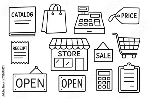 Retail Doodle Icons. Retail. Hand-drawn doodle illustration catalog, shopping bag, barcode, cash register, price tag, receipt, store building, cart,