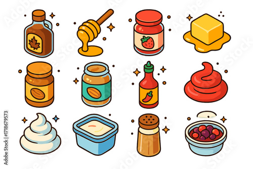 Isometric Breakfast Condiments. Colorful isometric vector icons set of breakfast condiments and toppings: maple syrup, honey drizzle, strawberry jam, butter