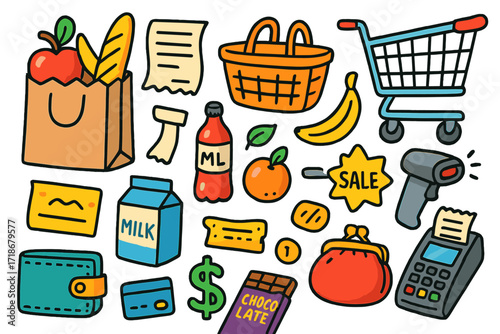 Colorful Shopping Doodles. Colorful Hand-drawn doodle Children illustration Shopping and receipts grocery bag, basket, receipt slip, shopping cart, barcode