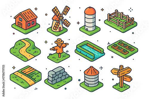Rural Landscape Icons. Colorful isometric vector icons set of rural landscape elements: farmhouse, windmill, silo tower, fenced pasture, dirt road, scarecrow,
