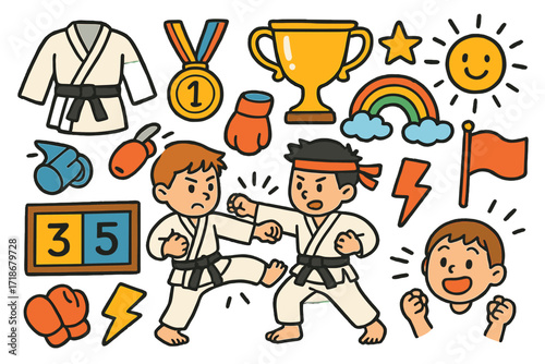 Karate Competition Doodle. Colorful Hand-drawn doodle Children illustration Karate Competition [karate gi, black belt, medal, trophy, scoreboard, star,