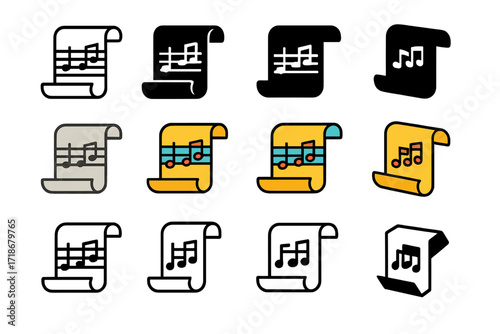 Symphony Logos Collection. Set Logo of Symphony Orchestra: Sheet Music Scroll. Logo set in vector style, emblematic variations. line, bold thick line, solid