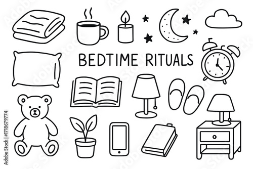 Bedtime Rituals Icons. Hand-drawn doodle illustration bedtime rituals blanket, mug, candle, pillow, book, lamp, slippers, teddy bear, plant, clock, moon,