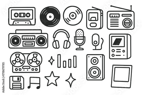 Retro Music Doodles. Hand-drawn doodle illustration Music Tech Nostalgia [cassette tape, vinyl record, CD, Walkman, radio, boombox, headphones, microphone,