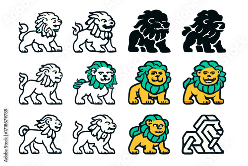Tibetan Snow Lion Logos. Set Logo of Animals as Symbols of Cultural Significance: Tibetan Snow Lion. Logo set in vector style, emblematic variations. line,