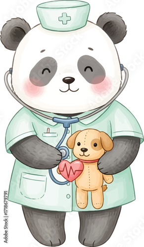Cartoon panda bear dressed as a doctor holding a stuffed dog toy.