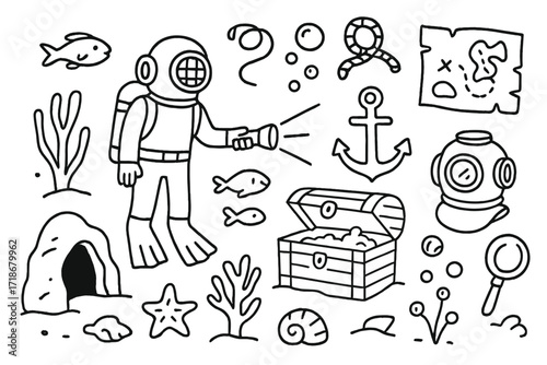 Underwater Adventure Icons. Hand-drawn doodle illustration underwater exploration diver, flashlight, treasure chest, anchor, fish, coral, starfish, helmet,