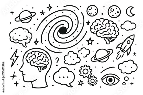 Surreal Mind Galaxy. Hand-drawn doodle illustration surreal galaxy of the mind galaxy swirl, black hole, spiral, human head, brain, star, planet, comet,
