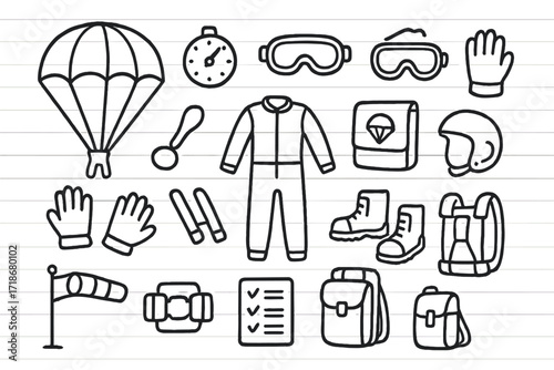 Parachuting Gear Icons. Hand-drawn doodle illustration parachuting gear parachute, altimeter, goggles, gloves, jumpsuit, reserve chute, ripcord, hook, straps,