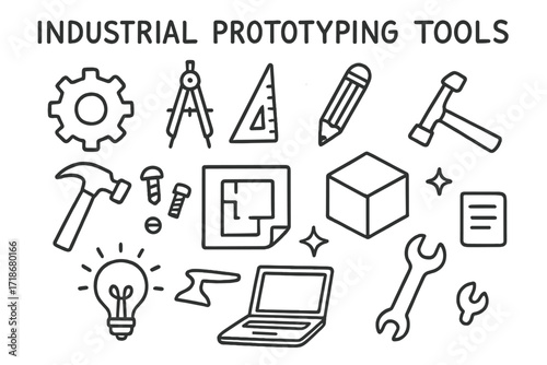 Prototyping Tools Doodle. Hand-drawn doodle illustration Industrial Prototyping Tools [gear, compass, ruler, pencil, hammer, screw, bolt, blueprint, box, light