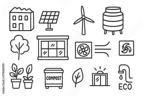 Eco-Friendly Building Doodles. Hand-drawn doodle illustration Eco-friendly buildings green roof, solar panel, wind turbine, water tank, tree, glass wall, air