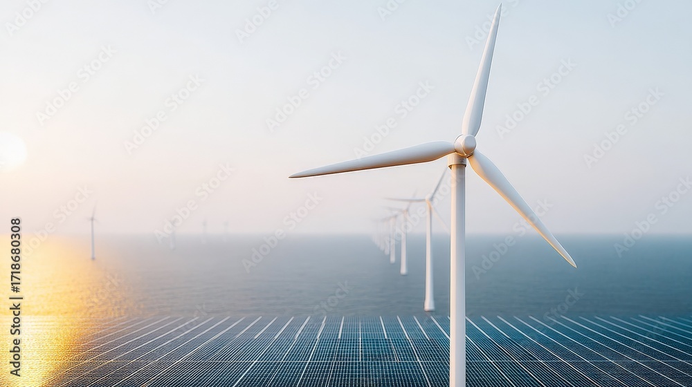 Fototapeta premium renewable,energy,projects Offshore wind turbines generate renewable energy over calm waters at sunrise.