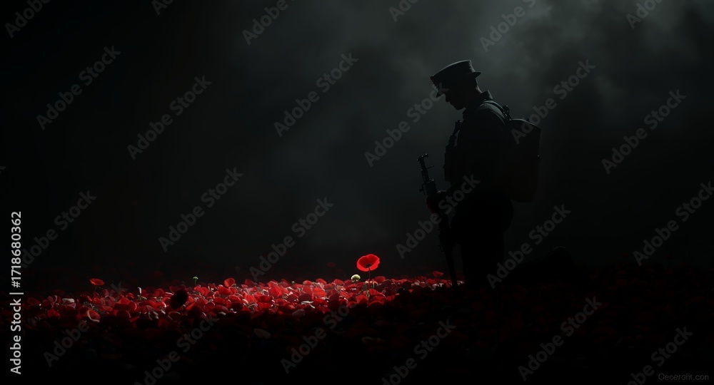 Fototapeta premium Silhouette of a soldier standing amidst red poppies at night, Remembrance Day, memorial, tribute, military