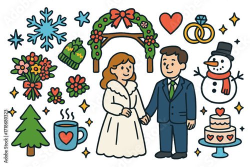 Whimsical Winter Wedding. Colorful Hand-drawn doodle Children illustration Winter wedding snowflake, heart, rings, bouquet, fur shawl, bride, groom, mittens,