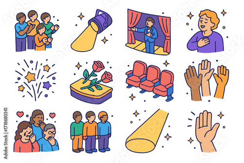 Standing Ovation Icons. Colorful isometric vector icons set of Standing ovation: people standing and clapping, spotlight on stage, curtain call, emotional