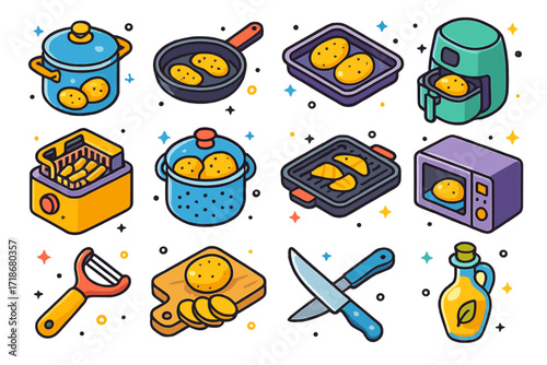 Potato Cooking Icons. Colorful isometric vector icons set of Potato cooking methods: boiling pot, frying pan, baking tray, air fryer, deep fryer, steamer
