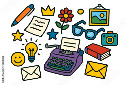 Colorful Children Illustration. Editorial. Colorful Hand-drawn doodle Children illustration magazine cover, pen, paper, glasses, book, star, crown, flower,