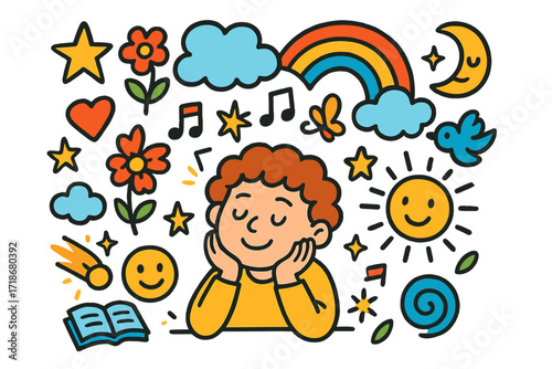 Children's Daydream Doodles. Colorful Hand-drawn doodle Children illustration Daydreaming Person [clouds, rainbow, star, flower, sun, moon, heart, spark, bird,