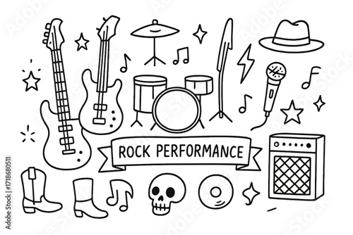 Rock Performance Doodles. Hand-drawn doodle illustration Rock Performance [electric guitar, bass guitar, drum set, microphone, speaker, star,