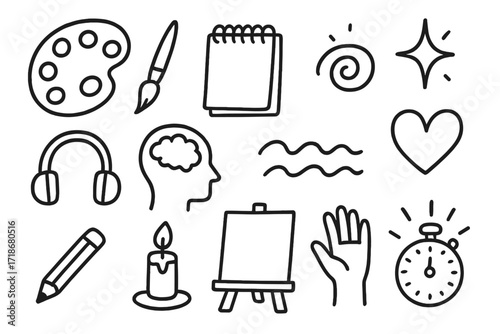 Creative Art Elements. Hand-drawn doodle illustration Artistic immersion [paint palette, brush, swirl, sketchbook, spark icon, headphone, mind icon, wave line,