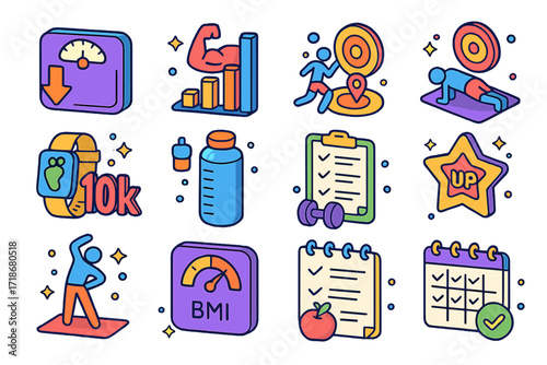 Fitness Goals Icons. Colorful isometric vector icons set of Fitness Goals: weight loss scale, muscle gain chart, running milestone, push-up target, daily step