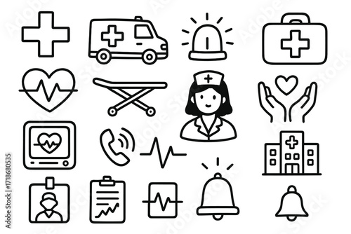 Emergency Services Doodle. Hand-drawn doodle illustration [First responder symbols] medical cross, ambulance, siren light, first aid bag, heart monitor,