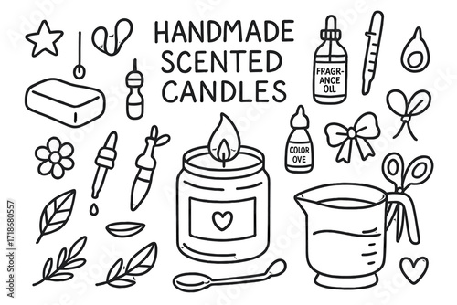 Candle Making Elements. Hand-drawn doodle illustration Handmade scented candles Candle jar, wax block, wick, fragrance oil, color dye, melting pot,