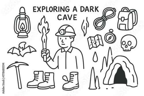 Cave Exploration Icons. Exploring a dark cave. Hand-drawn doodle illustration exploring a dark cave lantern, torch, helmet, rope, backpack, map, compass,