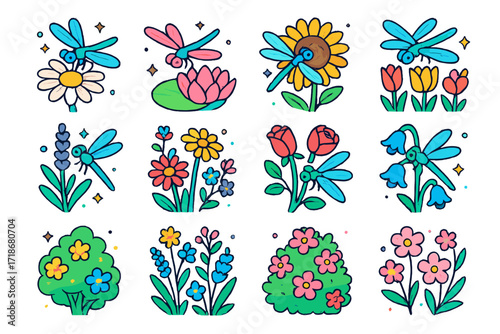 Dragonflies and Flowers Icons. Colorful isometric vector icons set of dragonflies and flowers: dragonfly on daisy, dragonfly near lotus, dragonfly with