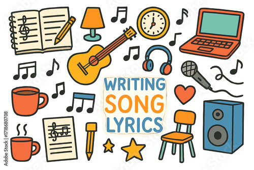 Creative Songwriting Doodles. Colorful Hand-drawn doodle Children illustration Writing song lyrics [notebook, pencil, sheet music, music notes, guitar, coffee
