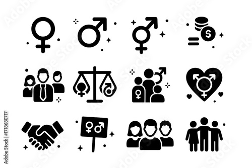 Diverse Gender Icons. Gender Equality. Solid icons set of female symbol, male symbol, gender-neutral symbol, equal pay, diverse workplace, balance scale, group
