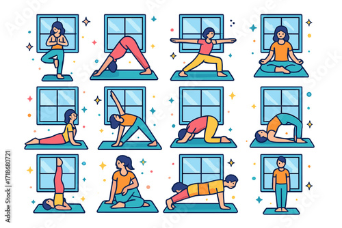 Colorful Yoga Icons. Colorful isometric vector icons set of Yoga Poses by the Window: person in tree pose, downward dog pose, warrior II pose, lotus pose,