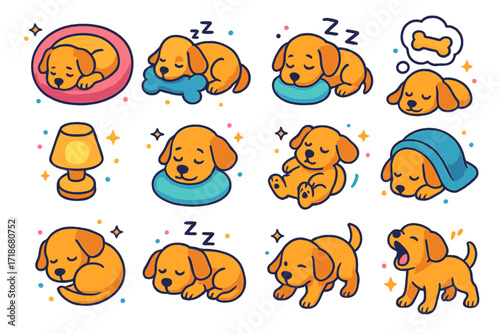 Puppy Sleep Icons. Colorful isometric vector icons set of Puppy sleeping moments: curled up in donut bed, head on plush toy, snoring pose, dream bubble with