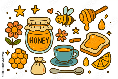 Honey-Themed Doodle Icons. Honey products. Colorful Hand-drawn doodle Children illustration honey jar, honey dipper, comb, bee, flower, heart, star, tea cup,