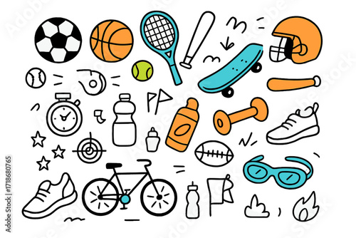 Vibrant Sports Doodles. Sports. Hand-drawn doodle illustration sports soccer ball colored, basketball, tennis racket colored, baseball bat, football helmet