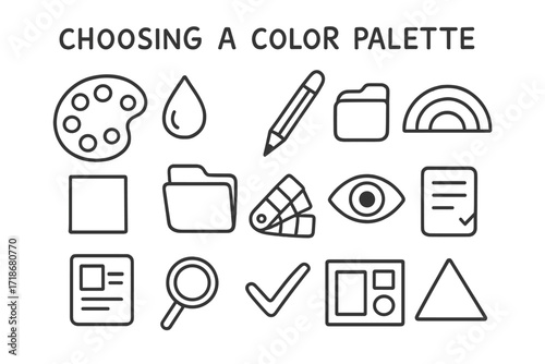 Creative Tools Doodle. Hand-drawn doodle illustration Choosing a color palette palette, paint drop, pencil, brush, square sample, folder, spectrum icon, eye,
