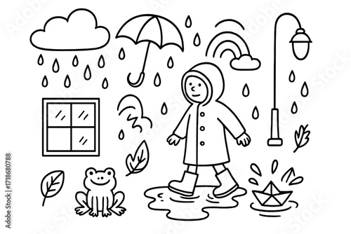 Rainy Street Doodle. Hand-drawn doodle illustration Rainy street Umbrella, raindrops, puddle, cloud, streetlamp, person, boots, raincoat, hat, water splash,