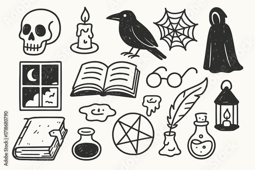 Gothic Reading Doodles. Hand-drawn doodle illustration Gothic reading mood [skull, candle, old book, spider web, dark window, raven, quill, wax pool, ancient