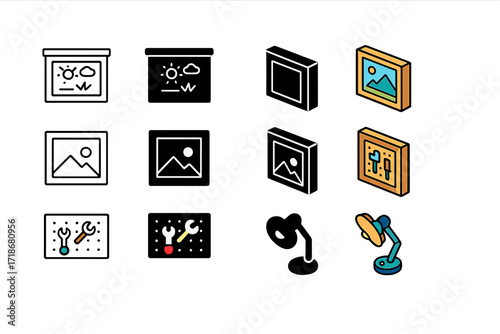 Colorful Playroom Icons. Icon Set of Playroom Essentials: Toy Chest, Activity Table, Wall Decals. Icons set in vector style, emblematic variations. Toy Chest