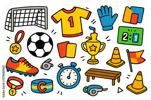 Colorful Soccer Doodle Icons. Soccer. Colorful Hand-drawn doodle Children illustration Soccer soccer ball, goal net, jersey, whistle, cleats, referee card,