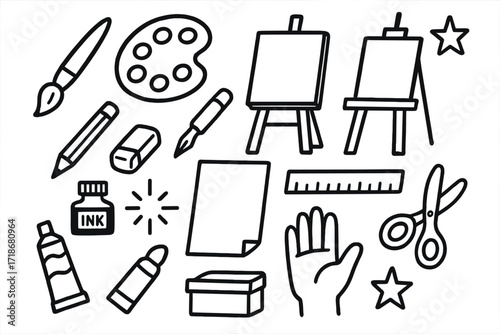 Art Tools Doodle. Hand-drawn doodle illustration Artist paintbrush, palette, easel, canvas, pencil, eraser, ink bottle, pen, paper, ruler, scissors, paint