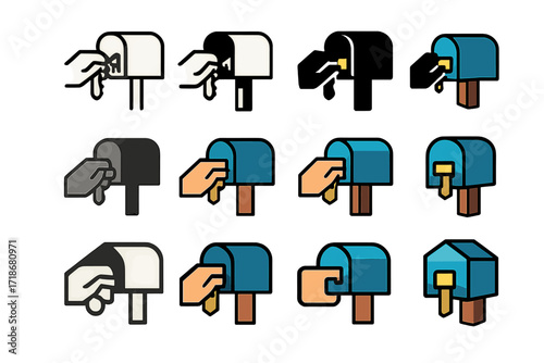 Key Insertion Logo Grid. Set Logo of Handheld House Keys: hand inserting key into mailbox. Logo set in vector style, emblematic variations. line, bold thick