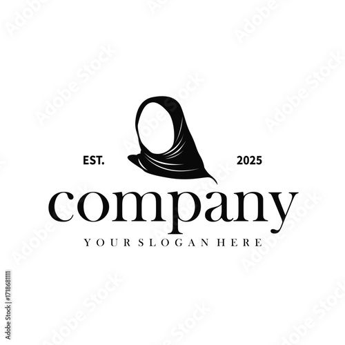 Beauty design concept of woman with black silhouette of simple elegant hijab logo, showing Muslim women's clothing style, illustration of symbol template for poster and brand
