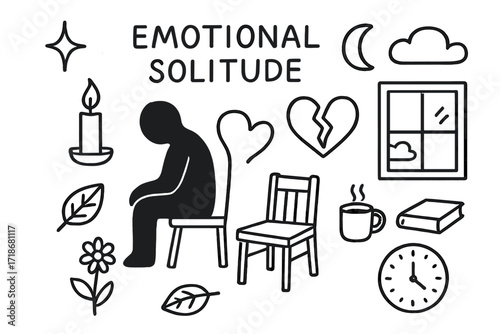 Emotional Solitude Doodles. Hand-drawn doodle illustration Emotional solitude [figure silhouette, candle, broken heart, sparkle, star, moon, cloud, empty