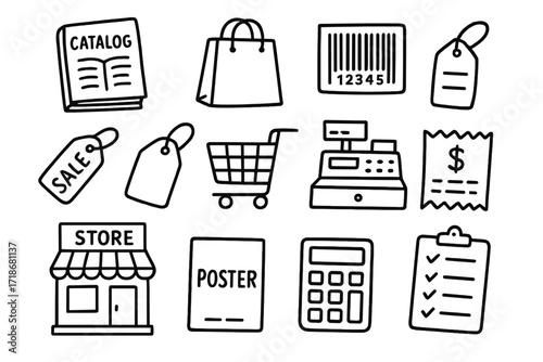 Retail Doodle Icons. Retail. Hand-drawn doodle illustration catalog, shopping bag, barcode, cash register, price tag, receipt, store building, cart,