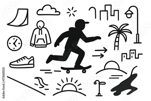 Skateboarder Silhouette Doodle. Hand-drawn doodle illustration Skater silhouette at dusk skateboarder icon, sun behind hill, street line, motion arrows, curved