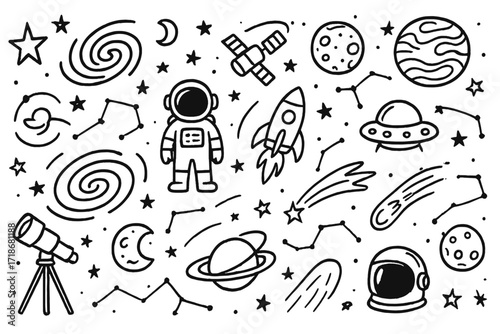 Space Doodle Icons. Galaxies and stars. Hand-drawn doodle illustration galaxies and stars stars, spirals, planets, moons, telescopes, satellites, rockets,