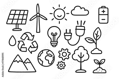 Renewable Energy Icons. Hand-drawn doodle illustration renewable energy for sustainability solar panel, wind turbine, light bulb, plug, battery, recycling