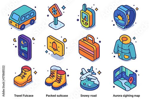 Aurora Exploration Icons. Colorful isometric vector icons set of aurora exploration journey: travel van, frozen road sign, GPS tracker, sunrise watch, night