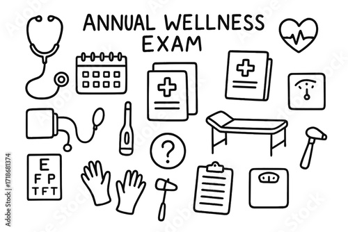 Annual Wellness Icons. Hand-drawn doodle illustration Annual wellness exam stethoscope, calendar, patient file, heart icon, blood pressure cuff, thermometer,